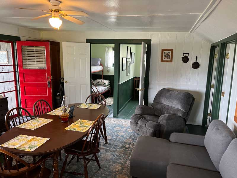 Panoramic shot of the interior of a vacation rental cabin